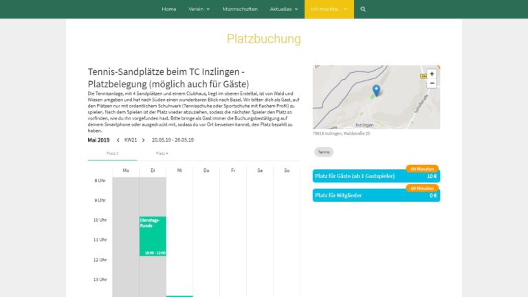 Screenshot TC Inzlingen Webseite - Platzbuchung