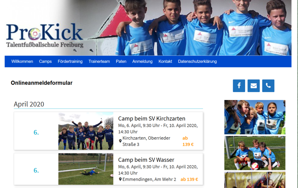 Buchungsmaske Yolawo auf Prokick Fussballschule Homepage