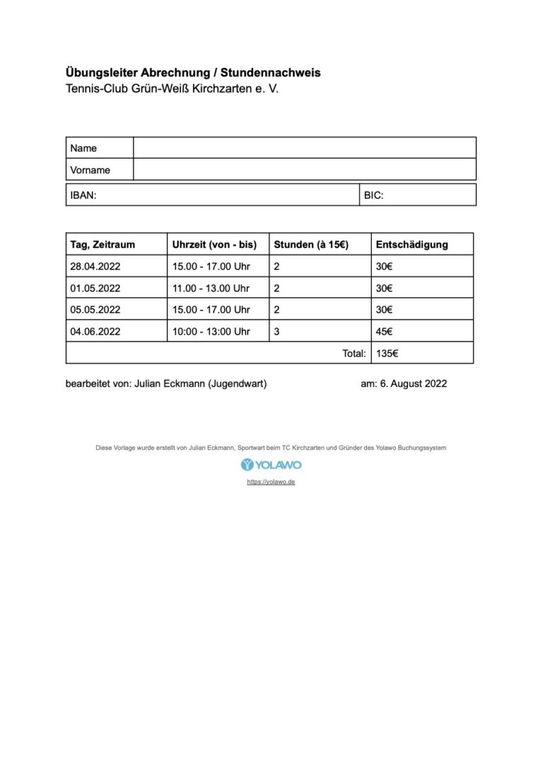 Vorlagen für die Übungsleiterabrechnung zum Download - Yolawo