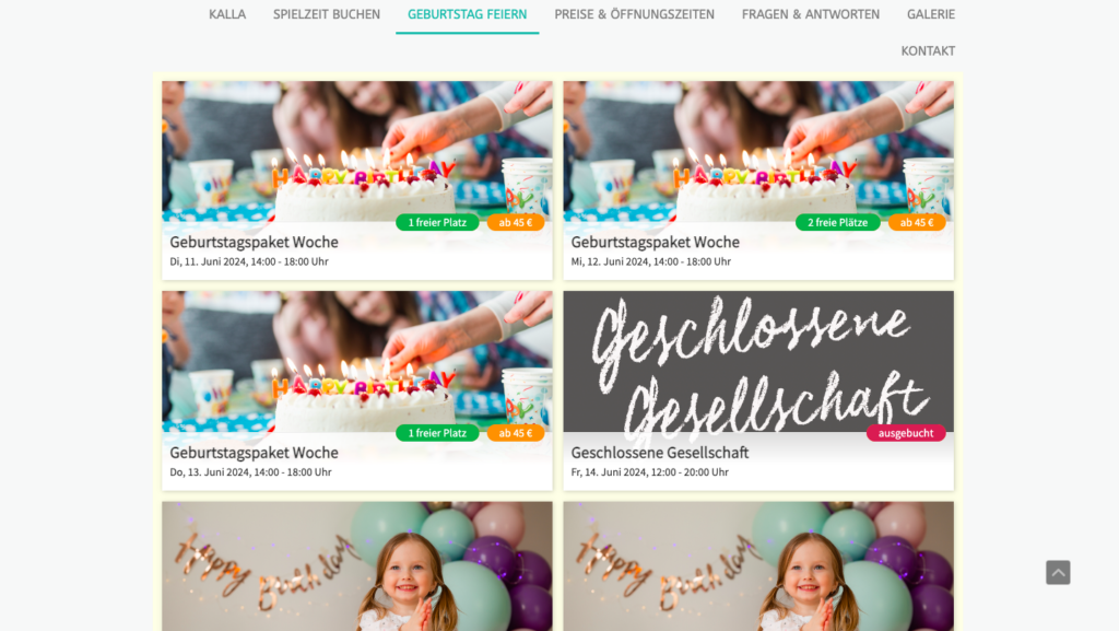 Yolawo Buchungswidget eingebunden in die Website der Kalla Spielstadt zur Buchung von Kindergeburtstagen.