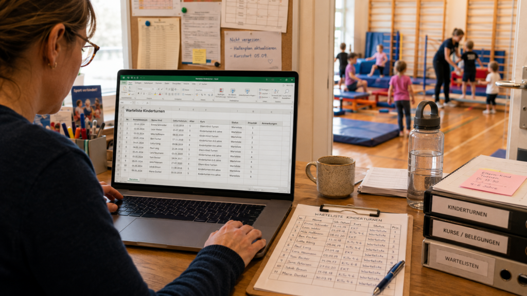 Eine Vereinsmitarbeiterin verwaltet die Warteliste für Kinderturnkurse in einer Excel-Tabelle am Laptop. Im Hintergrund ist eine Turnhalle mit einem laufenden Kinderturnkurs zu sehen. Das Bild zeigt die Organisation von Wartelisten in Sportvereinen.